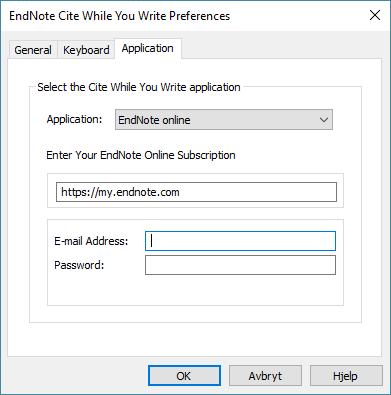 Skulle du ikke få opp oppfordringen om tilkobling, kan du gå inn under Preferences i EndNote-fanen, velge fanen «Application» og legge e-postadresse og passordet til der.