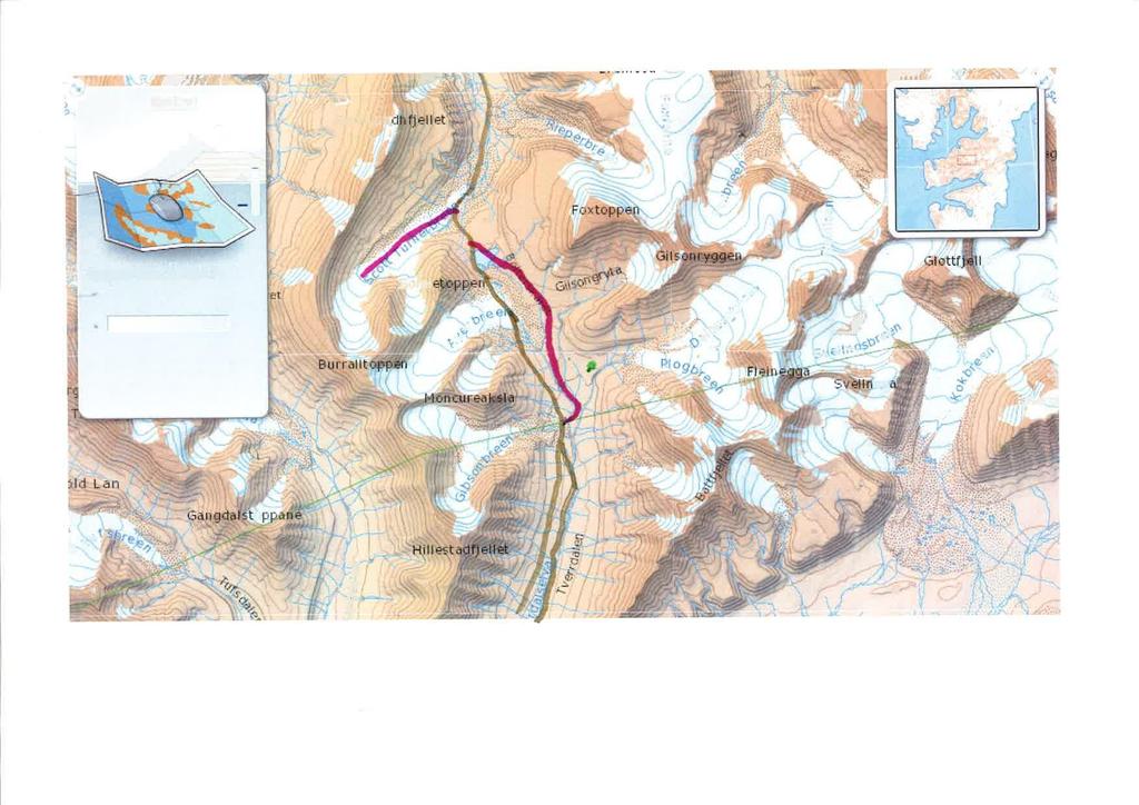 Vedlegg 1. Inntegnet tidligere skuter trase for nyttetrafikk til og fra Svea i brunt gjennom Tverrdalen.