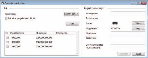 Hvis du ikke oppgir riktig pssord, kn du ikke overvåke eller kontrollere projektoren selv etter t du hr registrert den. Du får mer informsjon om pssord i projektorens Brukerhåndbok. g Klikk Registrer.