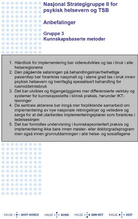 Kunnskapsbaserte metoder 1. Håndbok for implementering 2. Nasjonale behandlingslinjer 3.