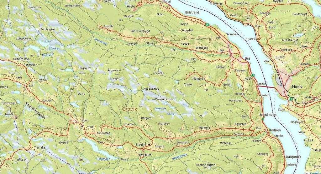 3. BESKRIVELSE AV PLANOMRÅDET. 3.1 Beliggenhet Driftsplanområdet ligger i Snertingdalen i Gjøvik kommune, og drenerer til Mjøsa via hovedelvene Stokkeelva (i sør) og Vismunda (i nord).