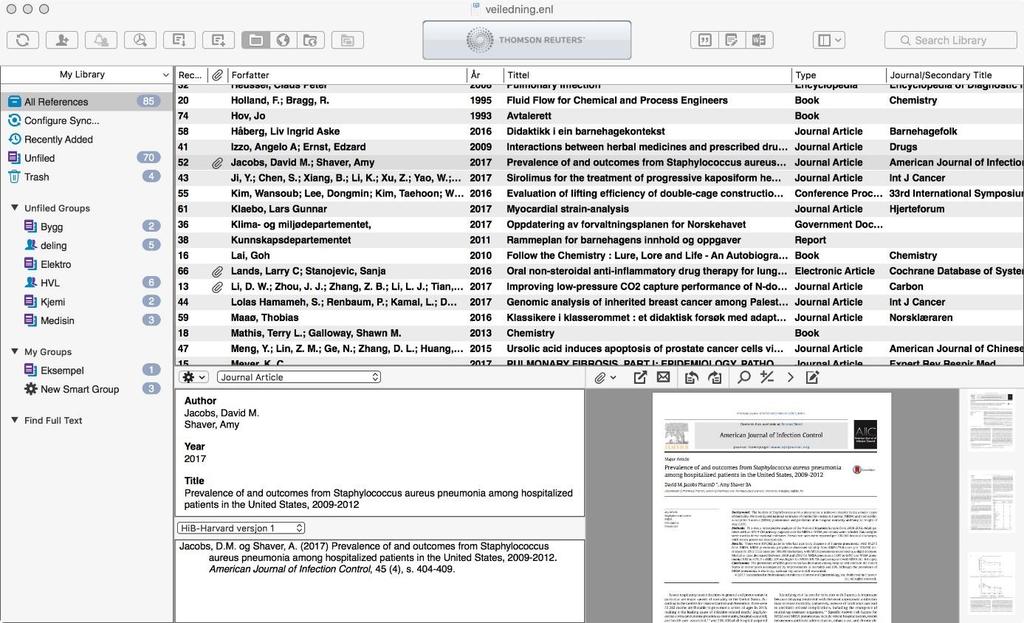 Eksempel på bibliotek i Bottom Split layout: EndNote verktøylinje 1 2 3 4 5 6 7 8 9 10 11 12 13 1. Synkronisering av biblioteket mot EndNote Online 2. Deling av biblioteket 3.