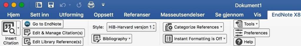 EndNote og Word Når EndNote er installert, vil du finne en verktøylinje i Word med navn «EndNote X8».