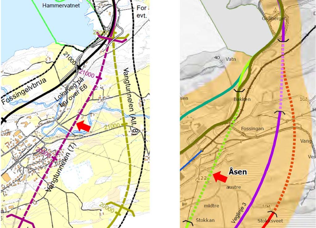 5 ANDRE ENDRINGER Åsen midtre alternativ - tunnel helt til Vassmarka: Ny aktuell tunnel - ca 2,2 km Tunnel fra planprogrammet - ca 1,6 km Lengre tunell for veglinje 1-2 fra planprogrammet til