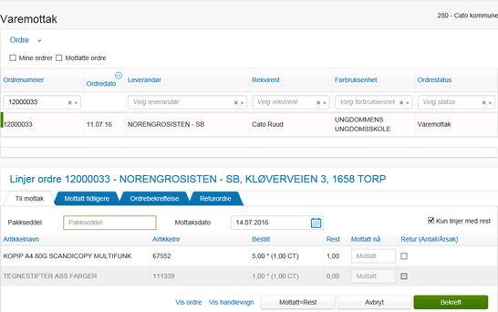 Hvis ordren er fullstendig levert, vil statusen på ordren automatisk endres til «Fakturakontroll» og du vil ikke lenger få den opp i varemottakslisten.