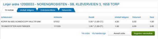 Hvis du trodde du skulle få restlevering på en ordre, men senere får beskjed om at varen likevel ikke kan leveres eller, skal du søke opp den aktuelle ordren og trykke på knappen «Avslutt ordre».