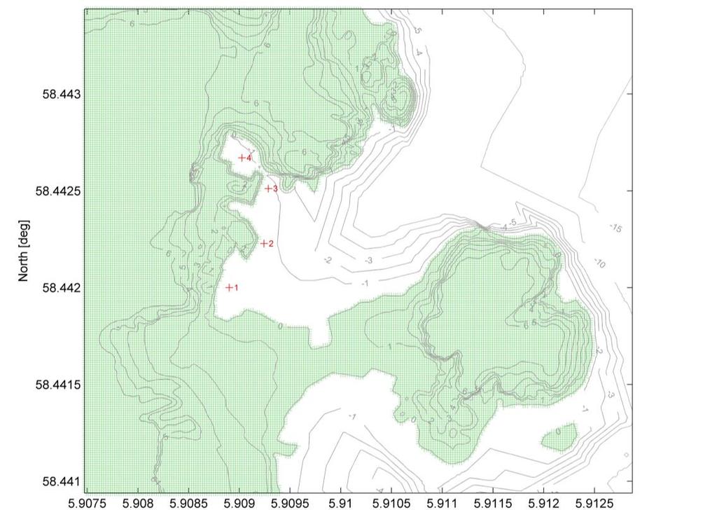 Figur 8 Vannlinje ved vannstand lik sjøkartnull (-0.36 m relativt NN 1954).