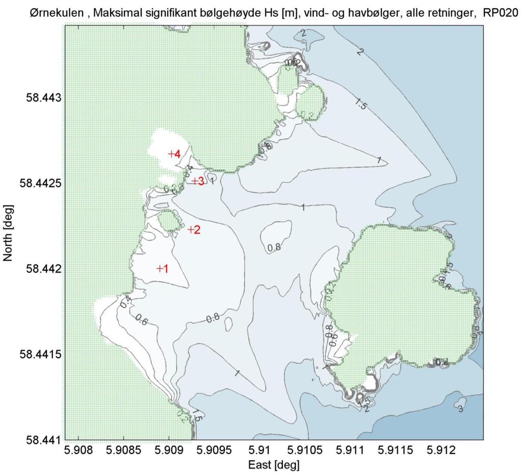 Figur 10 Maksimal beregnet signifikant bølgehøyde (vist som koter i m) oppsummert for alle undersøkte tilfeller av