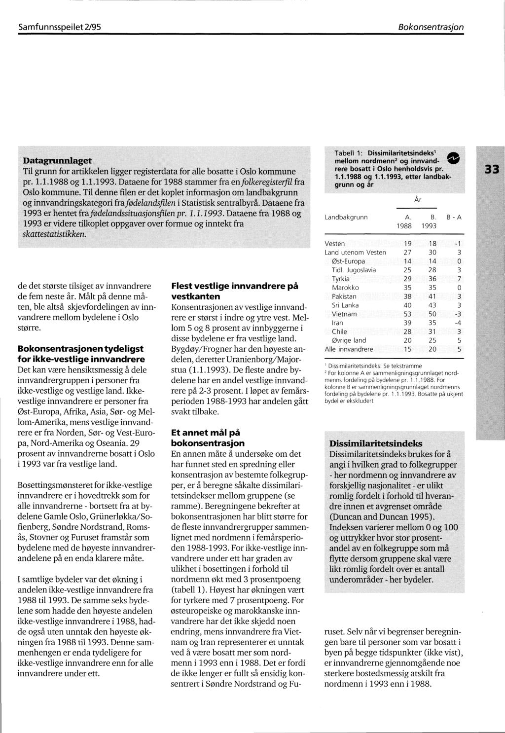 Samfunnsspeilet 2/95 Datagrunnlaget Til grunn for artikkelen ligger registerdata for a lle bosatte i Oslo kommune pr. 1.1.1988 og 1.1.1993.