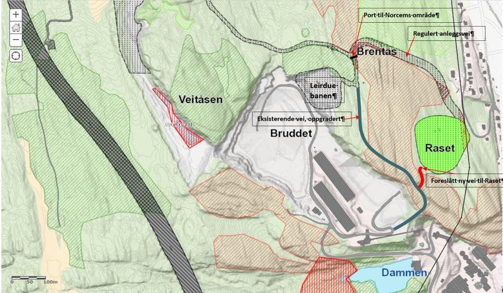 Fig. 2 Utbedret anleggsvei, regulert anleggsvei og foreslått ny vei til Raset. 3.1.1. Krav vedrørende pålegg om øyeblikkelig stans i veiarbeider Nye Veier ber om umiddelbar oppheving av pålegg om stans.