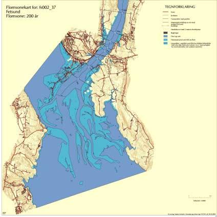 Figur 4.2 Flomsonekart for 200-årsflom 4.2 Lavpunkter En del steder vil det finnes arealer som ligger lavere enn den beregnede flomvannstanden, men uten direkte forbindelse til elva.