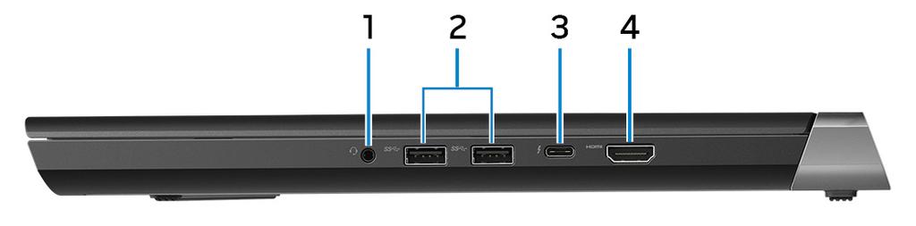 Høyre 1 hodesettport Koble til en hodetelefon eller et hodesett (kombinert hodetelefon og mikrofon). 2 USB 3.1 Gen 1-porter (2) Koble til eksterne enheter som eksterne lagringsenheter og skrivere.