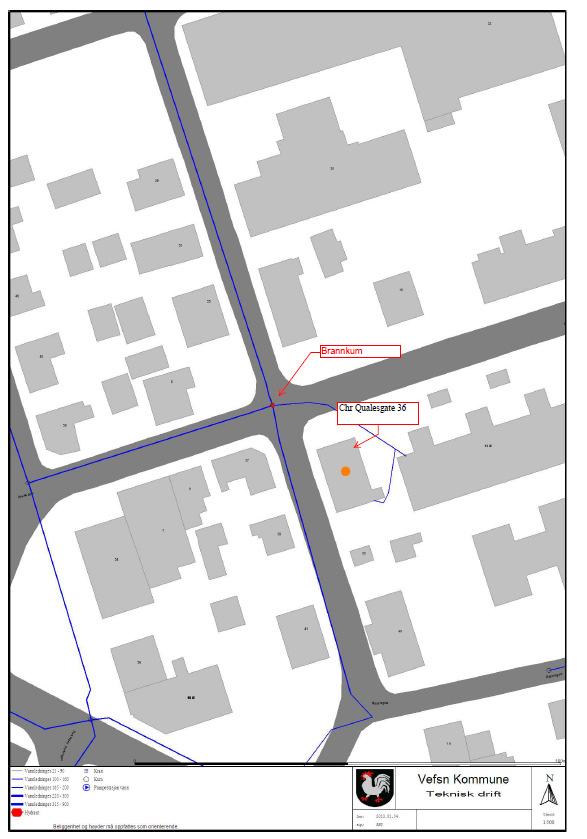 Figur 2: Oversikt over plassering av nærmeste brannkum. Mottatt fra teknisk drift, Vefsn kommune. Nærmeste brannstasjon ligger i Fearnleysgate 17 i Mosjøen. (ca.