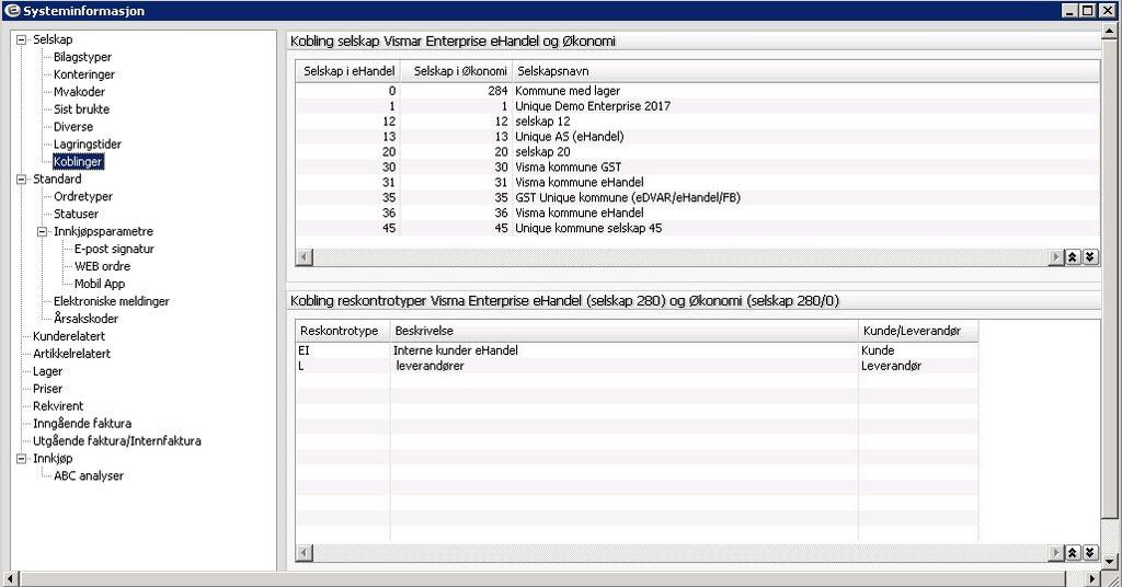 Kobling av selskap og reskontrotyper Menyvalg ehandel: Grunndata > Systeminformasjon/koblinger Det første som må gjøres i ehandel er å koble selskap og reskontrotyper i ehandel mot Økonomi.