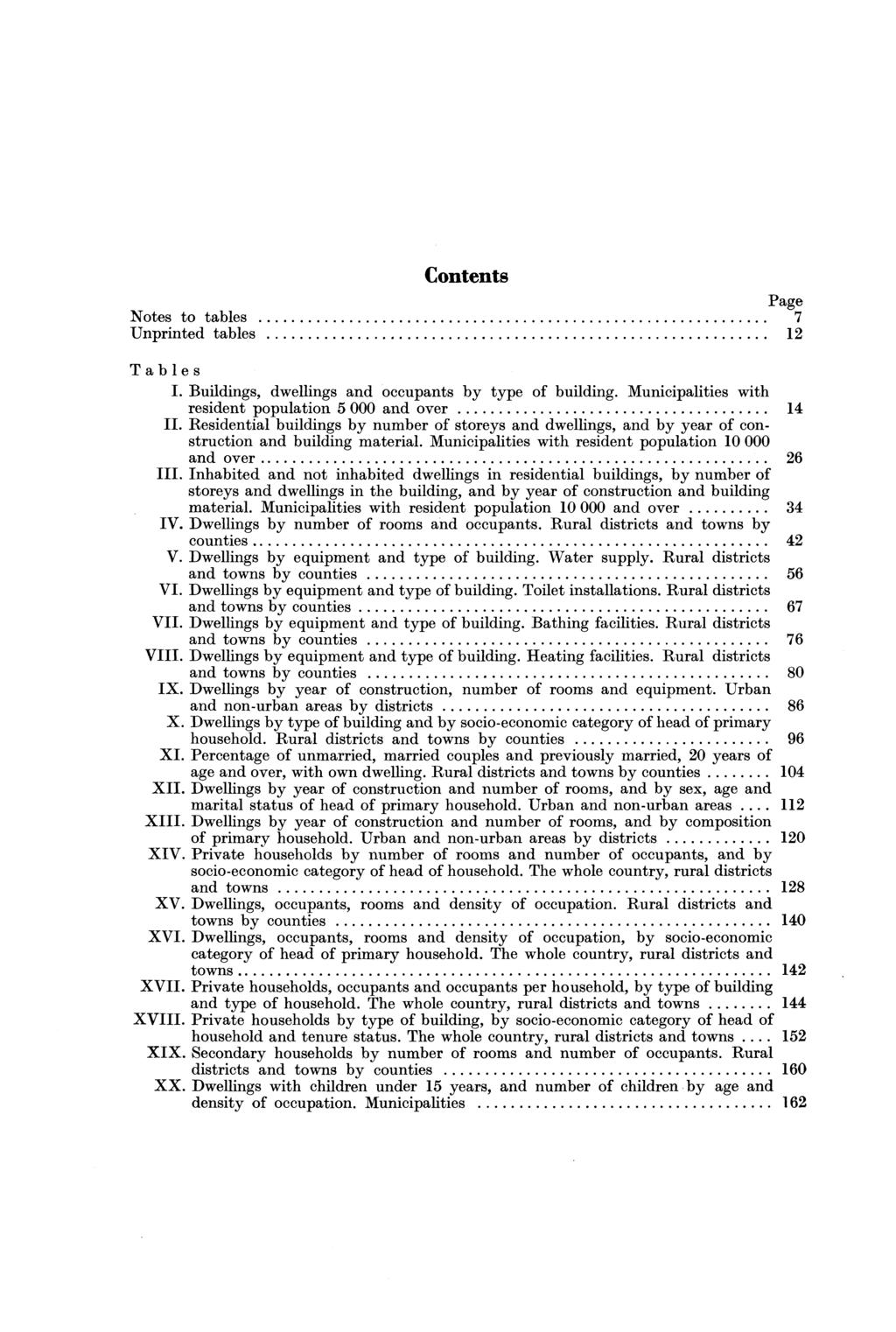 Contents Page Notes to tables Unprinted tables Tables I. Buildings, dwellings and occupants by type of building. Municipalities with resident population 000 and over II.