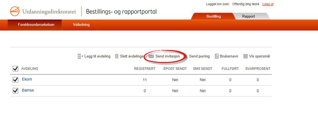 For å sende ut invitasjon, må du først huske å huke av på de avdelingene du skal sende til, og så trykke «send