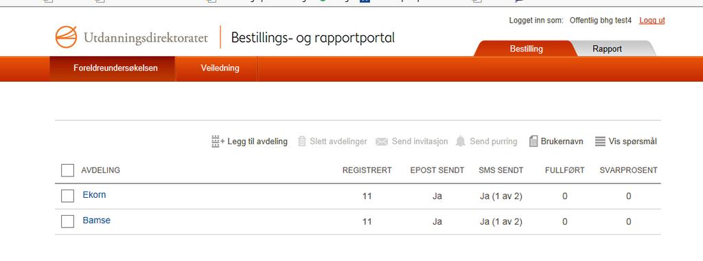 Oversikt over utsendelser og besvarelser Denne oversikten får du når du går inn i løsningen igjen etter at du har sendt invitasjon første gang.