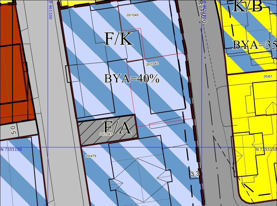 Tillatt utnyttingsgrad er BYA 40 % og maksimalt etasjetall er 3. Tillatt byggehøyde er 14,5 m over gjennomsnittlig terrengnivå, og maksimal gesimshøyde er 11 m over gjennomsnittlig terrengnivå.