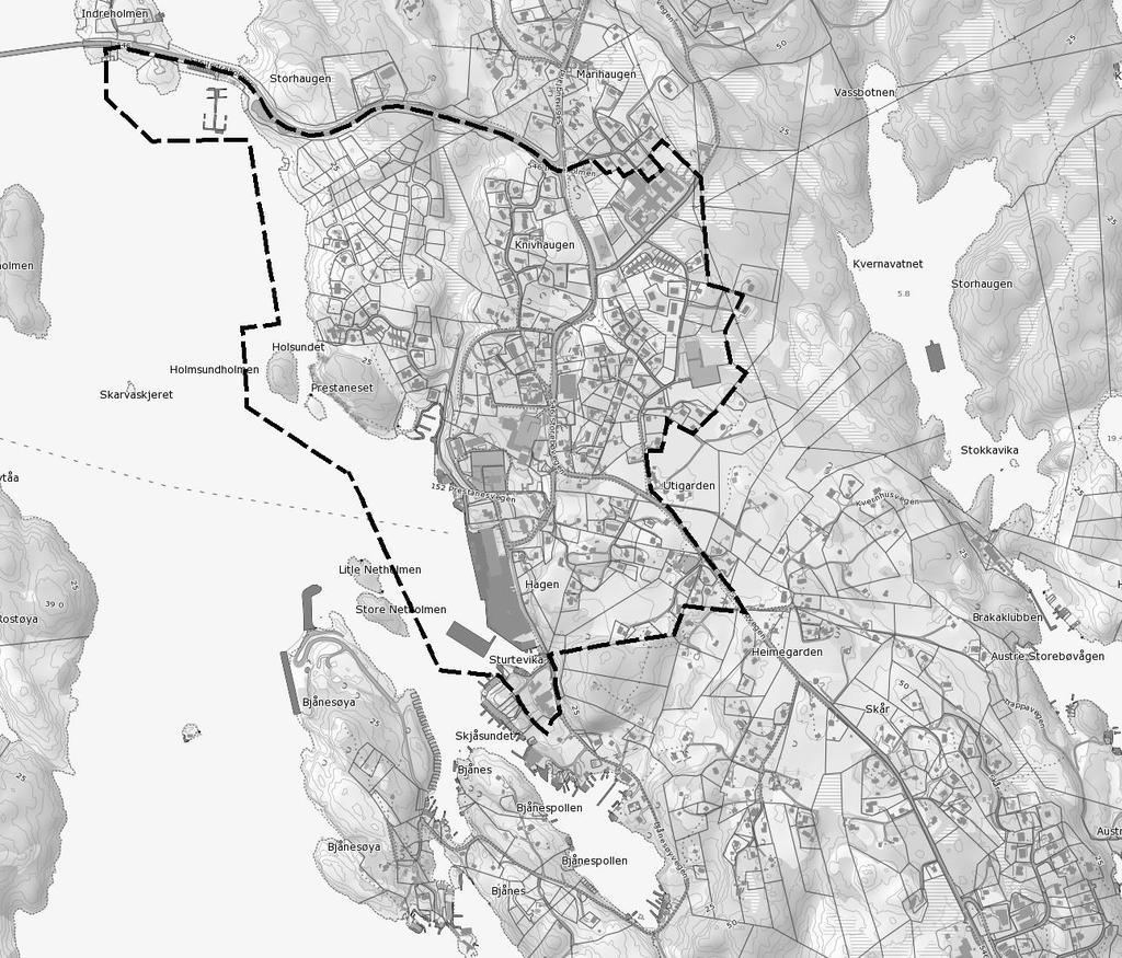 Om analyseobjektet Figur 1-1:Planområdet Skildring av analyseområdet Storebø er kommunesenteret og største tettstad i Austevoll kommune.