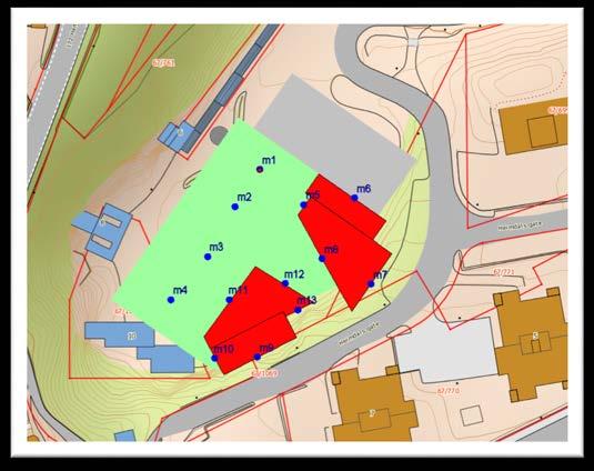 5.1. Resultater for beregningspunkt Beregningspunkt Etasje/Beregningshøyde/Støyverdi (dba) 1 2 3 4 5 6 7 8 9 10 Nr 4 1,5 4,5 7,5 10,5 13,5 16,5 19,5 22,5 25,5 28,5 m1 52,1 51,0 52,2 52,6 53,1 53,8