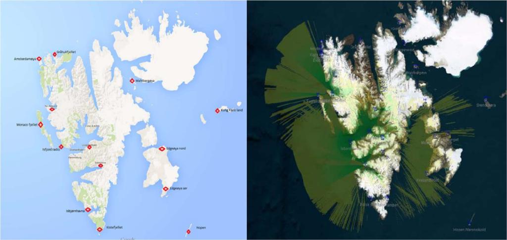 Figur 5 - Kystverkets samlede forslag til AIS basestasjoner på Svalbard og dekningsområde Maritime Broadband Radio fase 1 MBR systemet gir en bit-hastighet 15 Mbps på C-bånd (5 GHz) med rekkevidde på