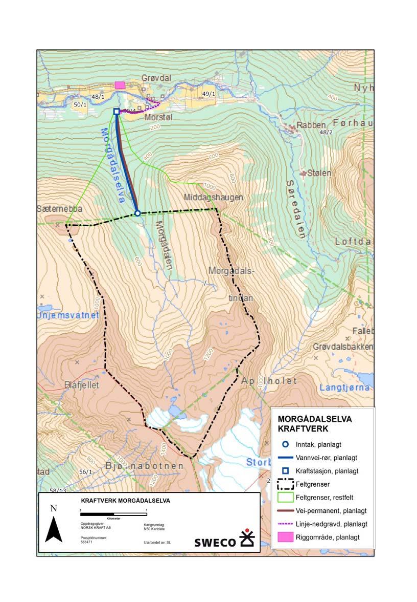 Morgådalselva Det går vei frem til Morstøl gård. Ny vei forutsettes avgreinet rett før gården og bygges fram til kraftstasjonen, ca. 0,7 km. Dette vil kreve noe men ikke mye hogst.