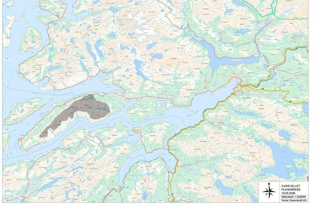 2. Utbyggingsplaner Sjonfjellet vindkraftverk 2.1 Områdebeskrivelse Området som planlegges for lokalisering av vindkraftverket ligger i Nesna og Rana kommuner i Nordland.