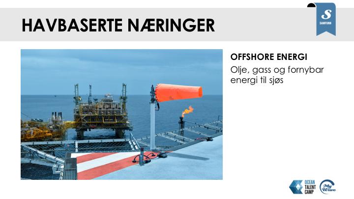 Noen stikkord om næringene: Offshore energi: Energi som kan eksporteres og selges Inntekter til folketrygdfondet som sikrer velferd Opparbeidet ekspertise på olje og gass som kan brukes verden over