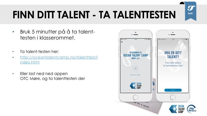 Talent-test Her kan elevene ta en liten pause og finne frem datamaskinen sin, for så å lete frem nettadressen og ta talenttesten Denne er