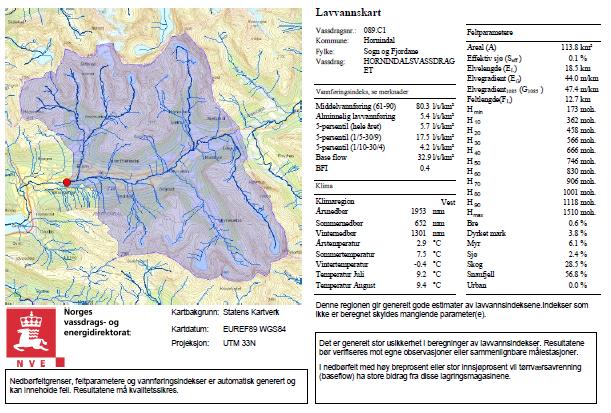 1) Nedbørfelt med feltkarakteristika for