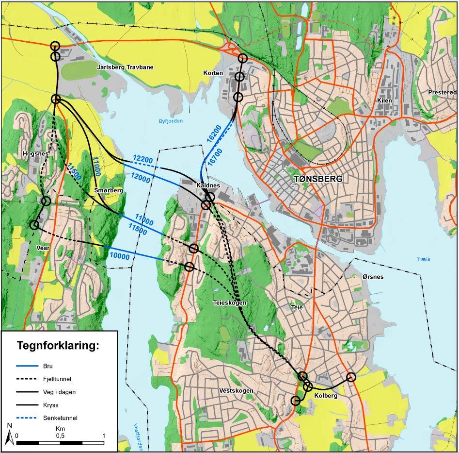 7 alternative traseer Nedenfor i bilde 1 kan man se oversikt over de 7 forskjellige traseene. Innenfor hver alternativ trase er det beregnet for flere forskjellige brukonstruksjoner.