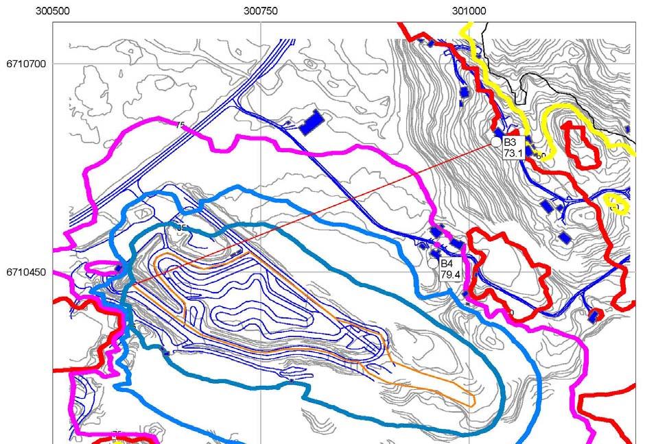 70 60 75 80 85 Viktig støyskjermende del Figur 4: Situasjon uten skjermende virkning av skog og terreng nord for banen.