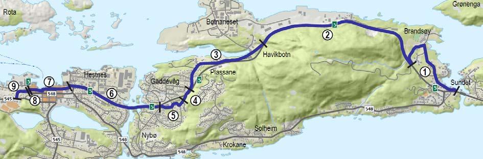 3.1.4 Detaljert vurdering av strekningane Nedanfor er løysingane i det planlagde nettet frå sykkelbyen Florø vurdert meir i detalj for kvar rute. Rute 1: Sundet Sentrum (via rv.