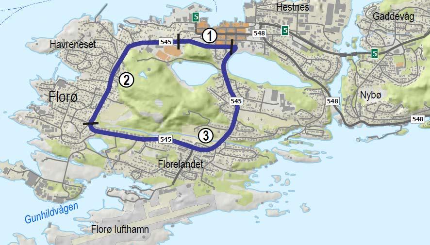 Rute 3: Ringrute Florø vest Figur 22: Rute 3 Ringrute Florø vest. Blå strek viser kommunen sin planlagde trasé. Nummer viser til skildring nedanfor.