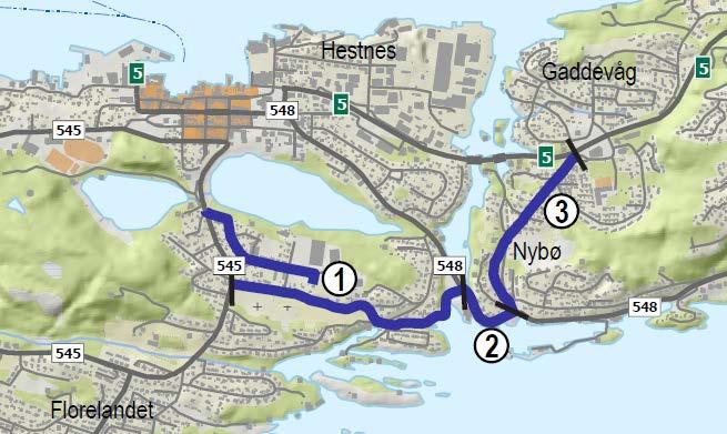 Rute 4: Vangsvegen Gaddevåg Figur 23: Rute 4 frå Vangsvegen til Gaddevåg. Blå strek viser kommunen sin planlagde trasé. Nummer viser til skildring nedanfor.