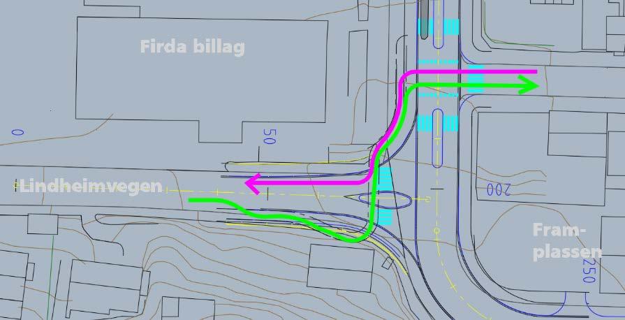 Krysset mellom Firdavegen og den kommunale delen av Markegata. Her kryssar sykkelruta Firdavegen i eit etablert gangfelt.