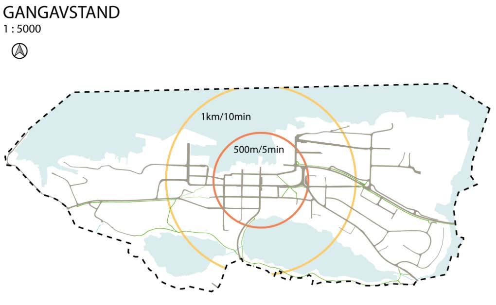 Figur 3: Gangavstand frå Florø sentrum. Kjelde: Flora kommune. 1.3 Trafikksystem Rv. 5 er hovudfartsåra for køyrande til Florø.