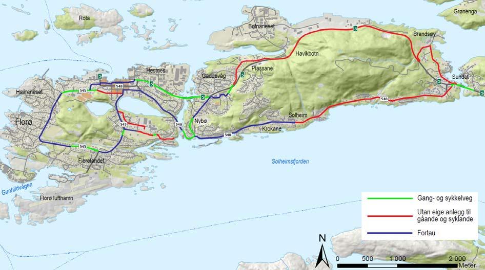 1.4 Eksisterande tilbod til gåande og syklande Kartet nedanfor viser kva tilbod som finst i dag for gåande og syklande i Florø.