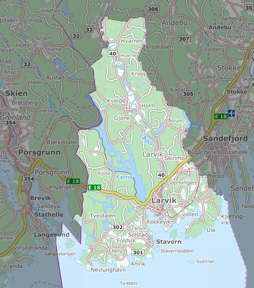 Figur 2: Kart over Larvik kommune. Kilde: (Kommunekart 2017). 6.2 Larvik kommune Larvik by har sikre spor tilbake til 1500-tallet (Solem et al. 2011).