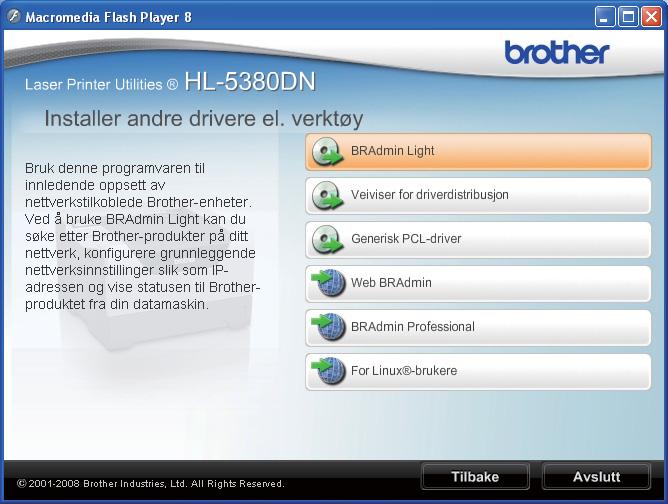 Det kan også søke etter Brother-produkter i et TCP/IP-miljø, vise statusen og konfigurere grunnleggende nettverksinnstillinger, som