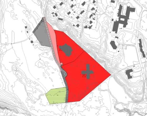 Skisse 2: Eksisterende reguleringsplan med reguleringsendringen tegnet oppå (innenfor det lyserøde området).