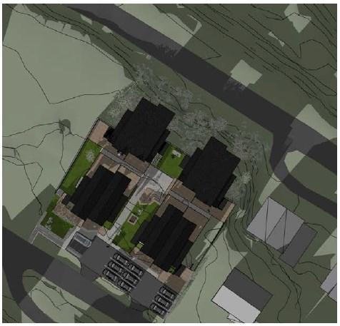 Kjørbar gangadkomst og plass i midten av planområdet er ikke medregnet som uterom, men vil være egnet for lek og opphold. Solforhold 21.mars kl 15 21.junikl 18 Ved nøkkeltidspunktene kl. 15.00 ved vårjevndøgn og kl.