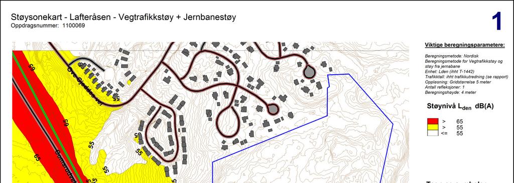 8 (10) STØYBEREGNINGER 4.3 Støysonekart Iht. T-1442 beregnes det et støysonekart både for dagens situasjon og for en prognosesituasjon 10 år fram i tid.
