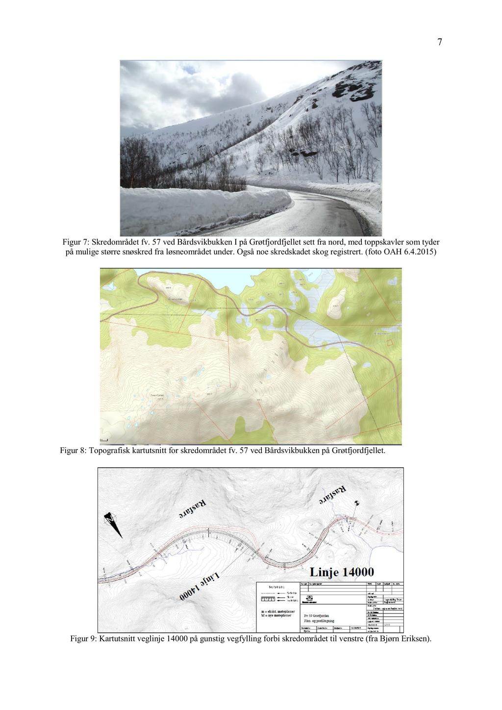 7 Figur 7: Skredområdetfv. 57 ved BårdsvikbukkenI på Grøtfjordfjellet settfra nord, medtoppskavlersom tyder på mulige størresnøskredfra løsneområdetunder. Ogsånoeskredskadetskogregistrert.(foto OAH 6.