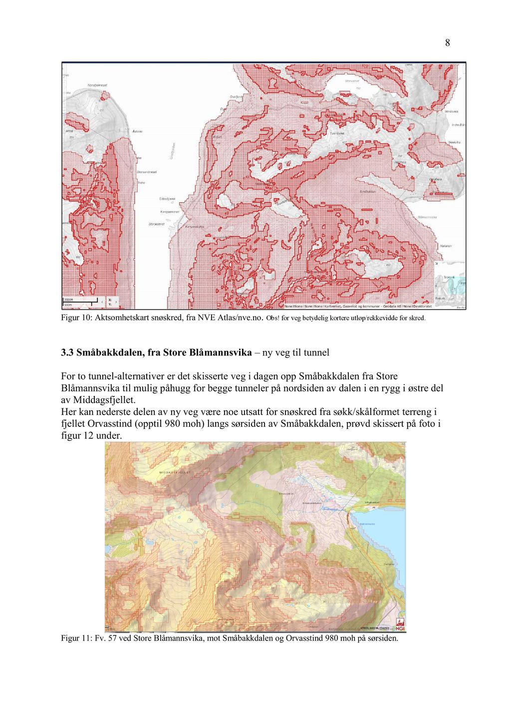 8 Figur 10: Aktsomhetskartsnøskred,fra NVE Atlas/nve.no. Obs! for veg betydeligkortereutløp/rekkeviddefor skred. 3.