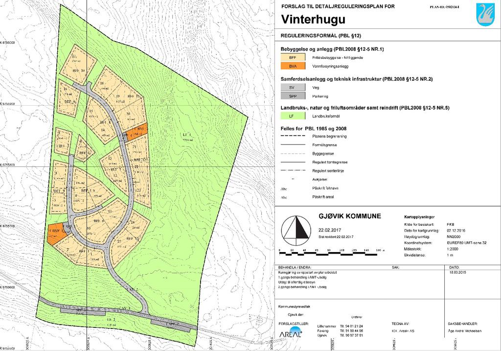 + Reguleringsplankart for Vinterhugu, IOT Areal AS Målestokk her 1:5000, original målestokk 1:2000 i A3-format 4.