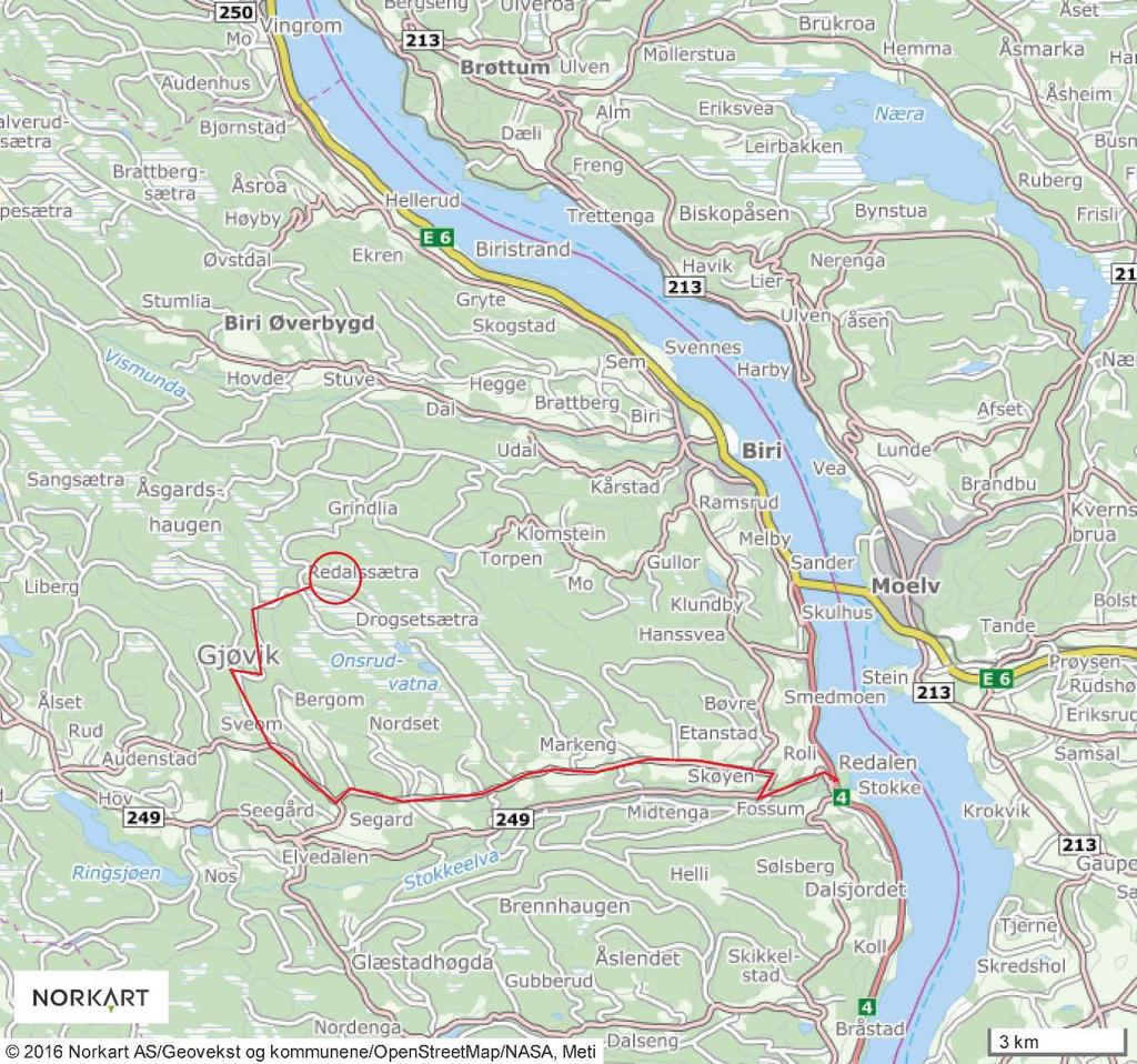 3. Beskrivelse av planområdet 3.1 Beliggenhet og planavgrensning Oversiktskart som viser plasseringa av planområdet og tilkomsten fra Redalen ved E6 og Mjøsa.