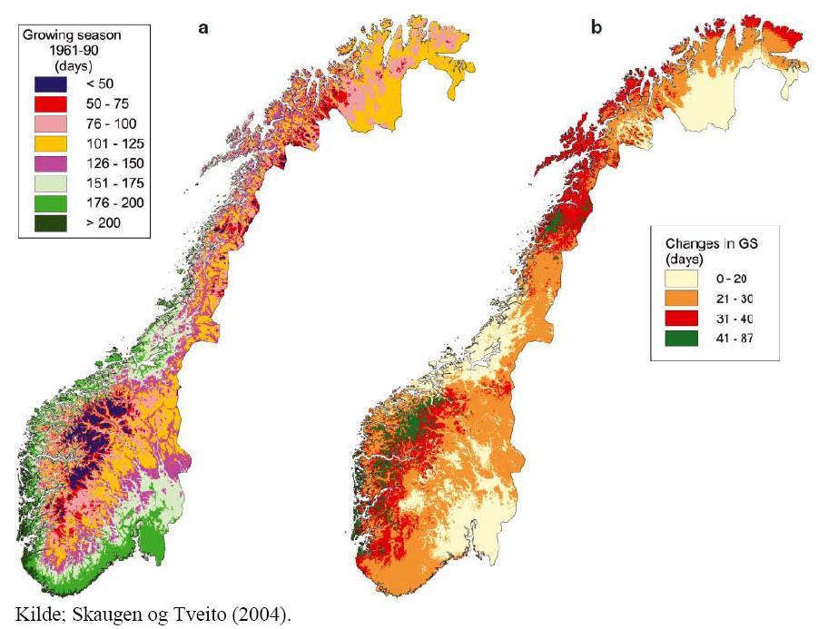 side 59 Økosystemendringar Ein viktig indikator for korleis klimaendringane kan påverke den «levande» naturen er forventa endringar i vekstsesongen.