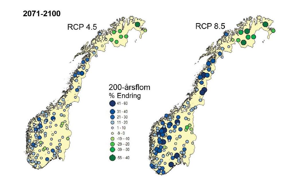 side 65 Figur 22 Prosentvis endring i 200-årsflaum frå 1971-2000 til 2071-2100 for to ulike utsleppsscenario (RCP4.5 og RCP8.5) for 115 nedbørfelt.