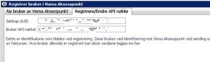 Hvis integrasjonen er på plass, vil du kunne se at «Selskap UUID» og «Bruker API-nøkkel» er utfylt under arkfanen «Registrere/Endre API nøkler».